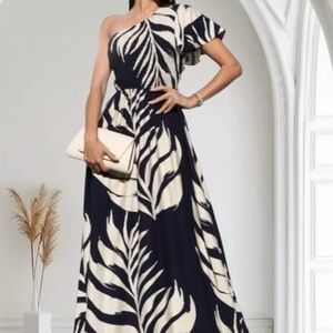 Elegant Navy and Cream One-Shoulder Dress